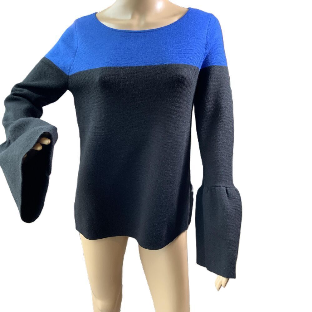Ann‎ Taylor Blue Black Colorblock Bell Sleeves Sweater Wool Blend Sz M Fairycore